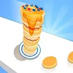 Một chồng bánh kếp chồng lên nhau với siro và kẹo màu ở trên trên bề mặt màu xanh trắng