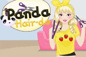 Cô gái vàng tóc dài đeo ruy băng cầm kéo trên nền ghế hồng với logo Panda Hair-do bên cạnh