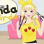 Cô gái vàng tóc dài đeo ruy băng cầm kéo trên nền ghế hồng với logo Panda Hair-do bên cạnh