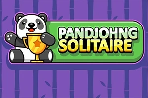 Gấu trúc dễ thương cầm cúp vàng bên cạnh dòng chữ Pandjohng Solitaire trên nền màu tím có họa tiết trúc