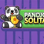 Gấu trúc dễ thương cầm cúp vàng bên cạnh dòng chữ Pandjohng Solitaire trên nền màu tím có họa tiết trúc