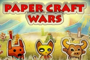 Hình ảnh với dòng chữ Paper Craft Wars trên nền phong cảnh núi non cùng ba hình vẽ động vật cách điệu ở phía dưới