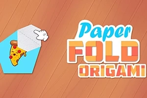 Hình ảnh một bàn tay đang gấp một tờ giấy màu xanh có hình lát pizza, bên cạnh là chữ Paper Fold Origami trên nền gỗ