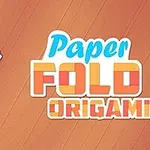 Hình ảnh một bàn tay đang gấp một tờ giấy màu xanh có hình lát pizza, bên cạnh là chữ Paper Fold Origami trên nền gỗ