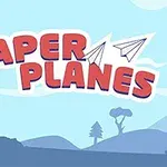 Hình ảnh có chữ “PAPER PLANES” màu đỏ, nền xanh với cây cối và máy bay giấy