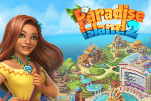 Paradise Island 2 Một người phụ nữ với mái tóc dài đứng trước cảnh nền bãi biển và các tòa nhà mang phong cách nhiệt đới