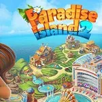 Paradise Island 2 Một người phụ nữ với mái tóc dài đứng trước cảnh nền bãi biển và các tòa nhà mang phong cách nhiệt đới