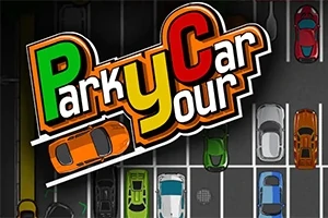 Các xe ô tô nhiều màu sắc đỗ trong một bãi đỗ xe với chữ Park Your Car nổi bật phía trên