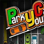 Các xe ô tô nhiều màu sắc đỗ trong một bãi đỗ xe với chữ Park Your Car nổi bật phía trên