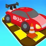 Xe đua màu đỏ với hai cọc tiêu giao thông trên mặt đường kẻ sọc vàng đen trên nền xanh