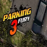 Hai chiếc xe ô tô đang đỗ trong bãi đậu xe với bóng đổ từ đèn pha và tiêu đề Parking Fury 3 nằm ở góc ảnh