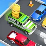 Xe tải màu xanh trắng chở tiền đậu trong bãi đỗ xe cùng với ba xe ô tô xanh, vàng và đỏ