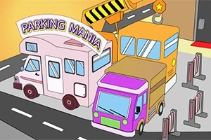 Ba chiếc xe nhiều màu sắc đỗ gần nhau tại một bãi đỗ xe với một rào chắn và biển hiệu Parking Mania