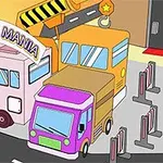 Ba chiếc xe nhiều màu sắc đỗ gần nhau tại một bãi đỗ xe với một rào chắn và biển hiệu Parking Mania