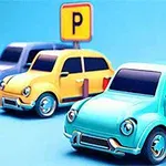 Ba ô tô hoạt hình với màu xanh, vàng và tím đỗ trước biển báo P trên nền xanh nhạt