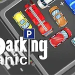 Các xe ô tô đủ màu sắc đỗ trong bãi đậu xe, với chữ Parking Panic nổi bật phía trước