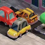 Ba chiếc ô tô hoạt hình nhiều màu sắc đỗ trên đường lát gạch gần một tòa nhà và cây xanh