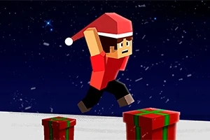 Nhân vật pixel nhảy qua những hộp quà trên nền trời đêm đầy sao, đội mũ Giáng Sinh