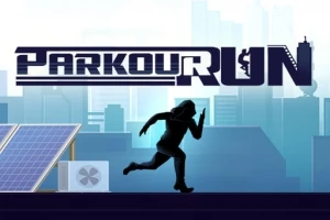 Người chạy parkour đang di chuyển qua mái nhà với nền là thành phố và các tấm pin mặt trời