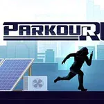 Người chạy parkour đang di chuyển qua mái nhà với nền là thành phố và các tấm pin mặt trời