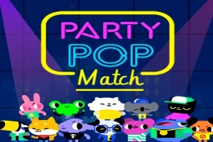 Hình ảnh các nhân vật hoạt hình đầy màu sắc đứng dưới dòng chữ neon Party Pop Match