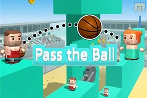 Hai nhân vật khối vuông ném bóng rổ qua lại trên nền vòm xanh dương với dòng chữ Pass the Ball