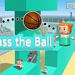 Hai nhân vật khối vuông ném bóng rổ qua lại trên nền vòm xanh dương với dòng chữ Pass the Ball