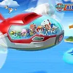 Máy bay màu đỏ và trắng chở các nhân vật hoạt hình đang bay trên bầu trời với núi lửa và các tảng đất nổi bên dưới