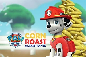 Chú chó hoạt hình đội mũ lính cứu hỏa màu đỏ đứng trước một đống bắp và logo bên cạnh