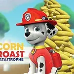 Chú chó hoạt hình đội mũ lính cứu hỏa màu đỏ đứng trước một đống bắp và logo bên cạnh