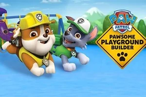 Hai chú chó hoạt hình đội mũ bảo hộ chơi đùa trên nền sân chơi màu xanh, bên cạnh biển hiệu hình thoi màu vàng với dấu chân đen