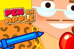 Hình ảnh một nhân vật hoạt hình đeo kính, cầm táo đỏ và cây bút màu xanh với chữ Pen an Apple bên cạnh