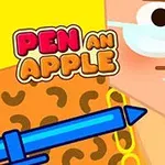 Hình ảnh một nhân vật hoạt hình đeo kính, cầm táo đỏ và cây bút màu xanh với chữ Pen an Apple bên cạnh