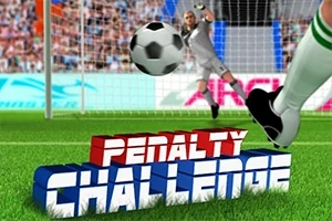 Một quả bóng đá bay về phía khung thành với thủ môn đang chuẩn bị bắt, cùng dòng chữ Penalty Challenge nổi bật trên sân cỏ