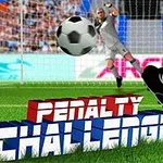 Một quả bóng đá bay về phía khung thành với thủ môn đang chuẩn bị bắt, cùng dòng chữ Penalty Challenge nổi bật trên sân cỏ