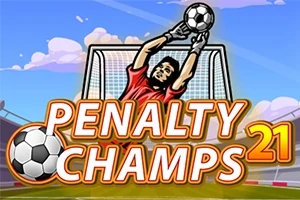 Thủ môn mặc áo đỏ đang bắt bóng trước khung thành với dòng chữ “Penalty Champs 21” ở phía trước