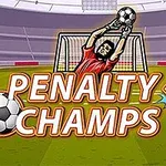 Thủ môn trong trang phục đỏ đang bắt bóng trước khung thành, với chữ Penalty Champs 22 nổi bật ở phía trước