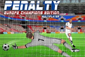Cầu thủ đang sút bóng vào khung thành, trong khi thủ môn cố gắng cản phá, với dòng chữ PENALTY phía trên