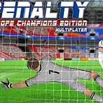 Cầu thủ đang sút bóng vào khung thành, trong khi thủ môn cố gắng cản phá, với dòng chữ PENALTY phía trên