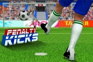 Một cầu thủ sút bóng về phía khung thành trong sân bóng đá, với dòng chữ Penalty Kicks phía trước