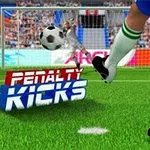 Một cầu thủ sút bóng về phía khung thành trong sân bóng đá, với dòng chữ Penalty Kicks phía trước