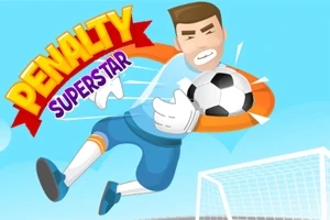 Thủ môn hoạt hình bắt trái bóng trước khung thành với chữ Penalty Superstar nổi bật ở góc trên