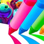 Hình ảnh bốn cây bút màu hồng, xanh dương, xanh lá, và vàng vẽ các đường màu tương ứng với nền con bò màu sắc sống động