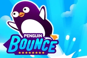 Hình ảnh một chú chim cánh cụt màu tím đang bay trên bầu trời xanh với logo Penguin Bounce