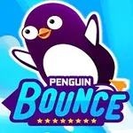Hình ảnh một chú chim cánh cụt màu tím đang bay trên bầu trời xanh với logo Penguin Bounce