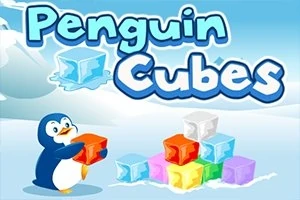 Hình ảnh chú chim cánh cụt đang cầm khối băng màu cam với các khối băng nhiều màu sắc xung quanh