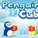 Hình ảnh chú chim cánh cụt đang cầm khối băng màu cam với các khối băng nhiều màu sắc xung quanh