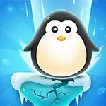 Chú chim cánh cụt ngồi trên một tảng băng nứt với nền xanh lam rực rỡ