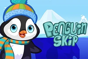 Chú chim cánh cụt đội mũ len và khăn choàng trước cảnh nền băng tuyết với dòng chữ Penguin Skip