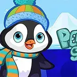 Chú chim cánh cụt đội mũ len và khăn choàng trước cảnh nền băng tuyết với dòng chữ Penguin Skip